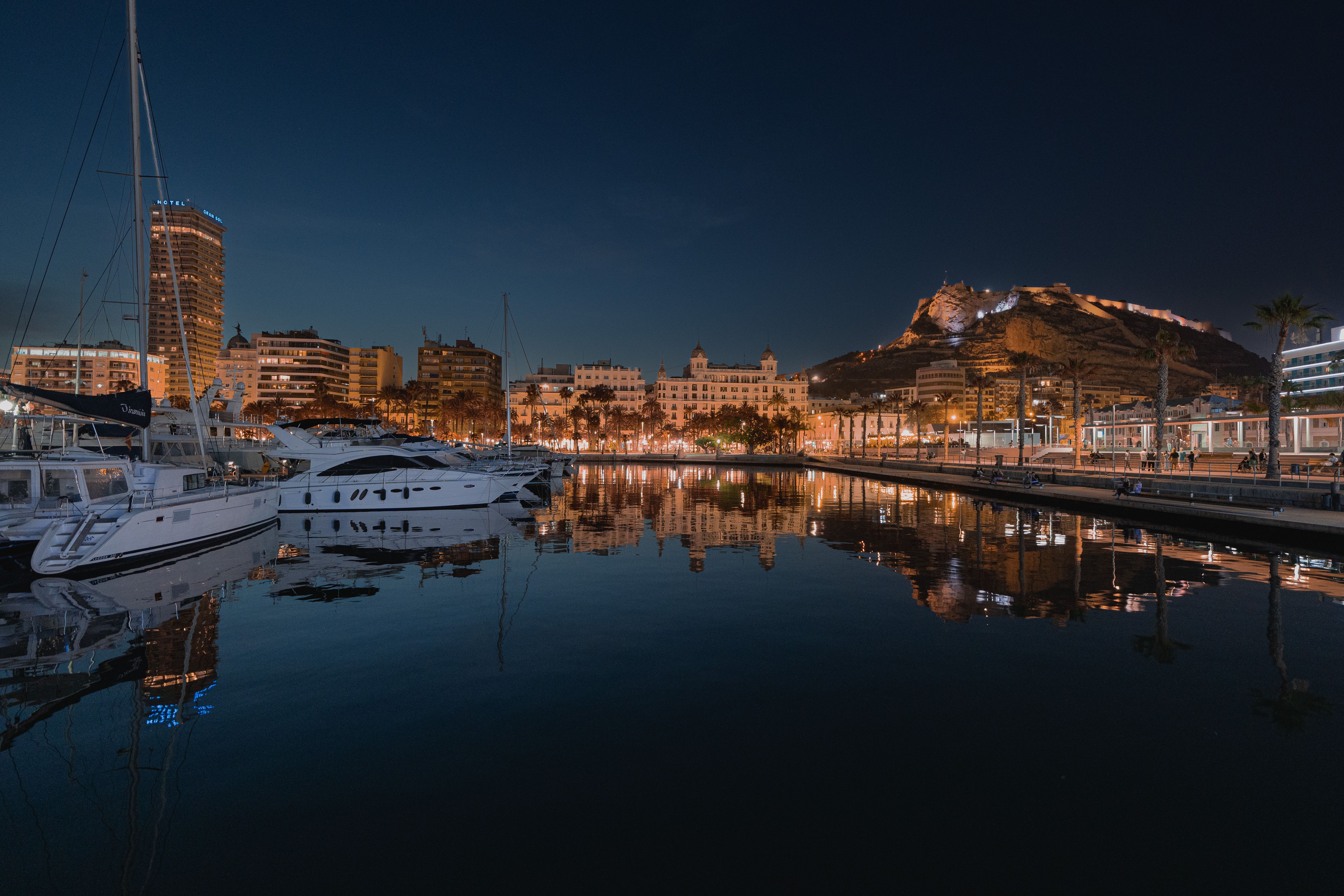 Alicante marina and waterfront at night