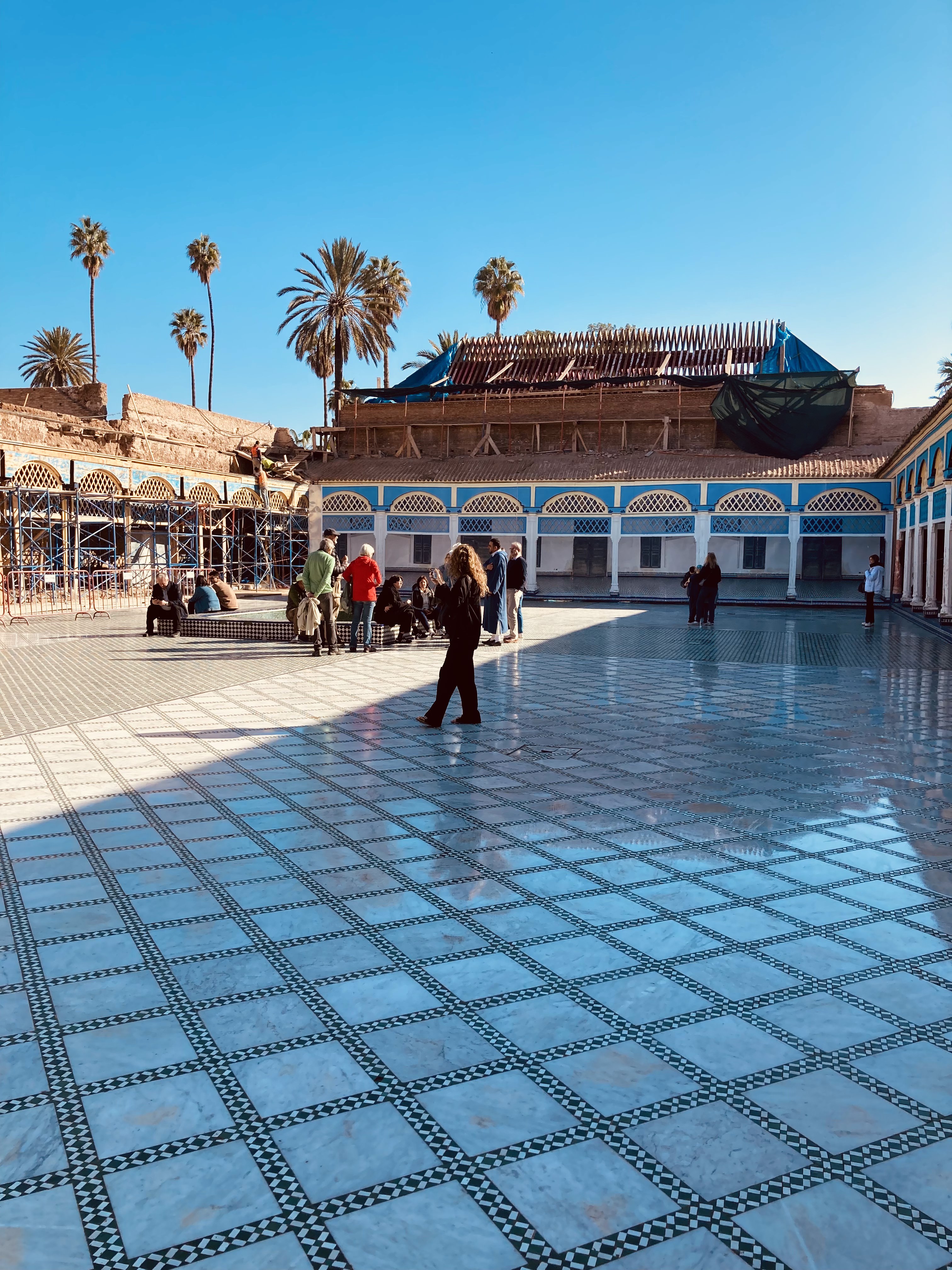 Courtyard and architecture at Bahia Palace in Marrakech, photographed in February 2026