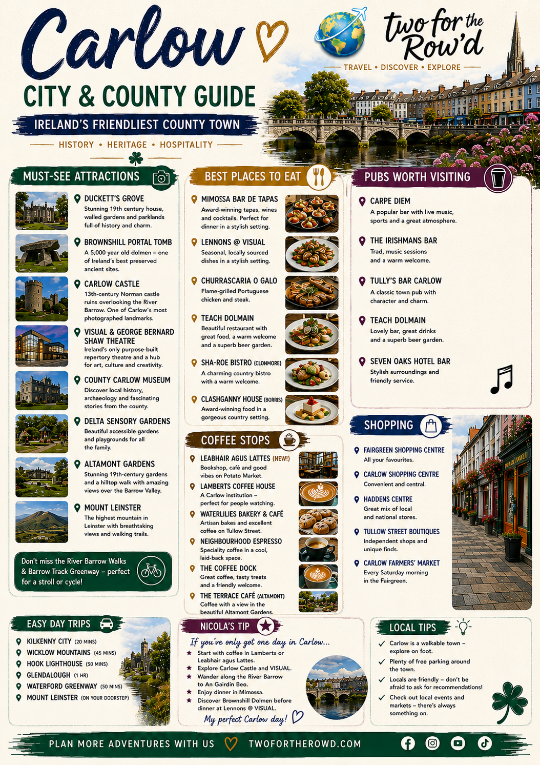 Two for the Row'd Carlow city and county guide with attractions, restaurants, coffee stops, pubs, shopping and local tips
