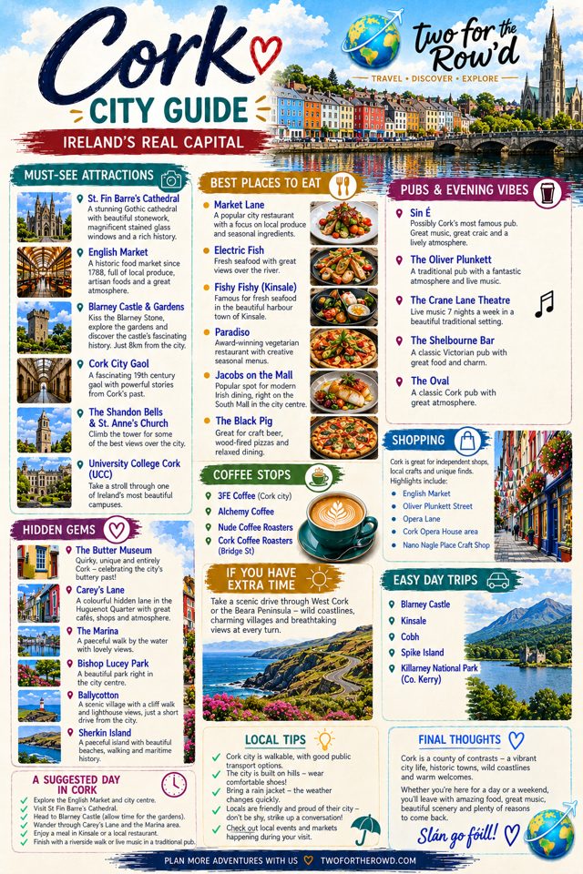 Two for the Row'd Cork city guide poster: attractions, places to eat, pubs, coffee stops, shopping, hidden gems and day trips