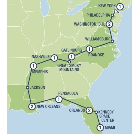 Map of our New York to Miami Deep South USA road trip route