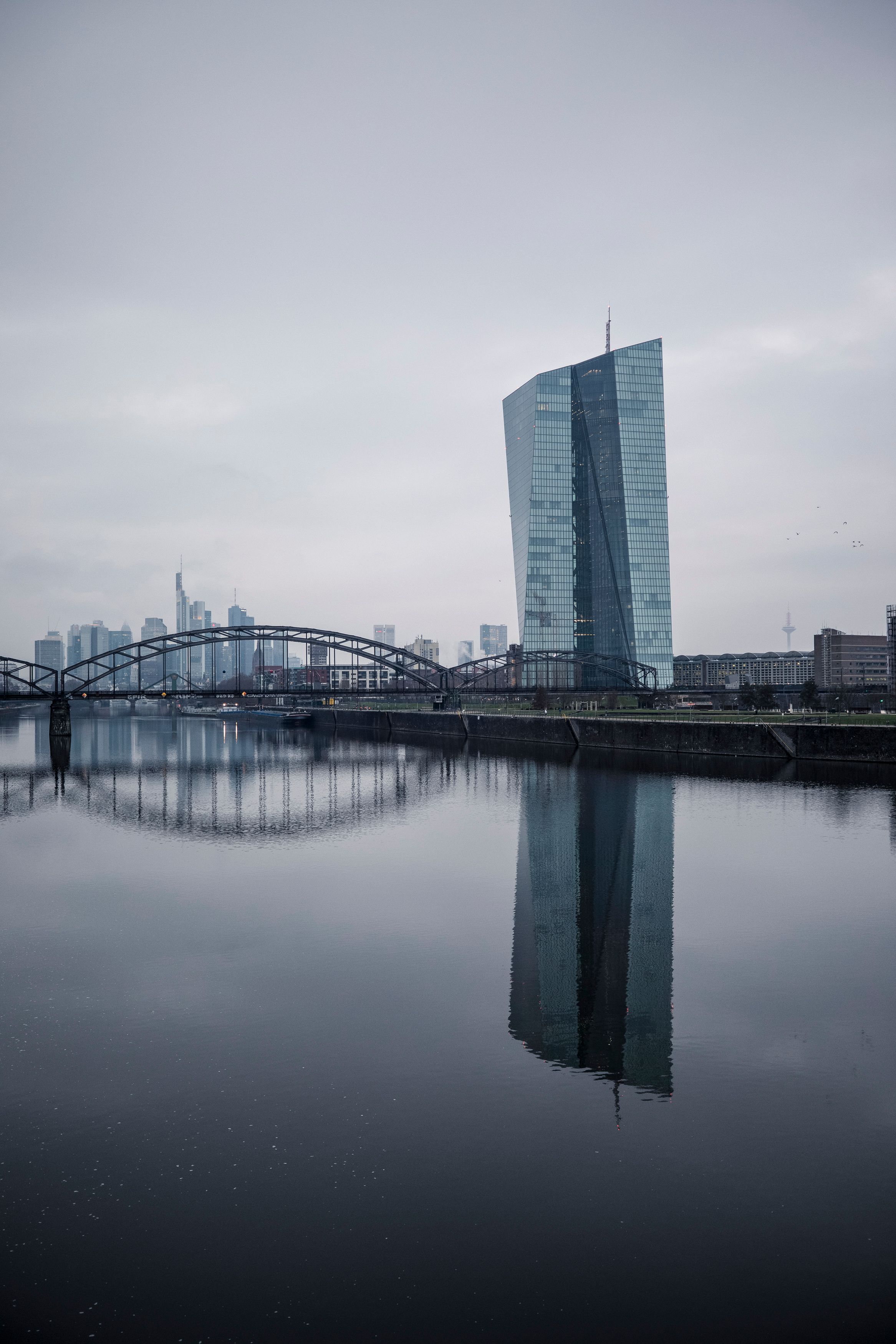 Modern Frankfurt reflected on the River Main — Two for the Row'd