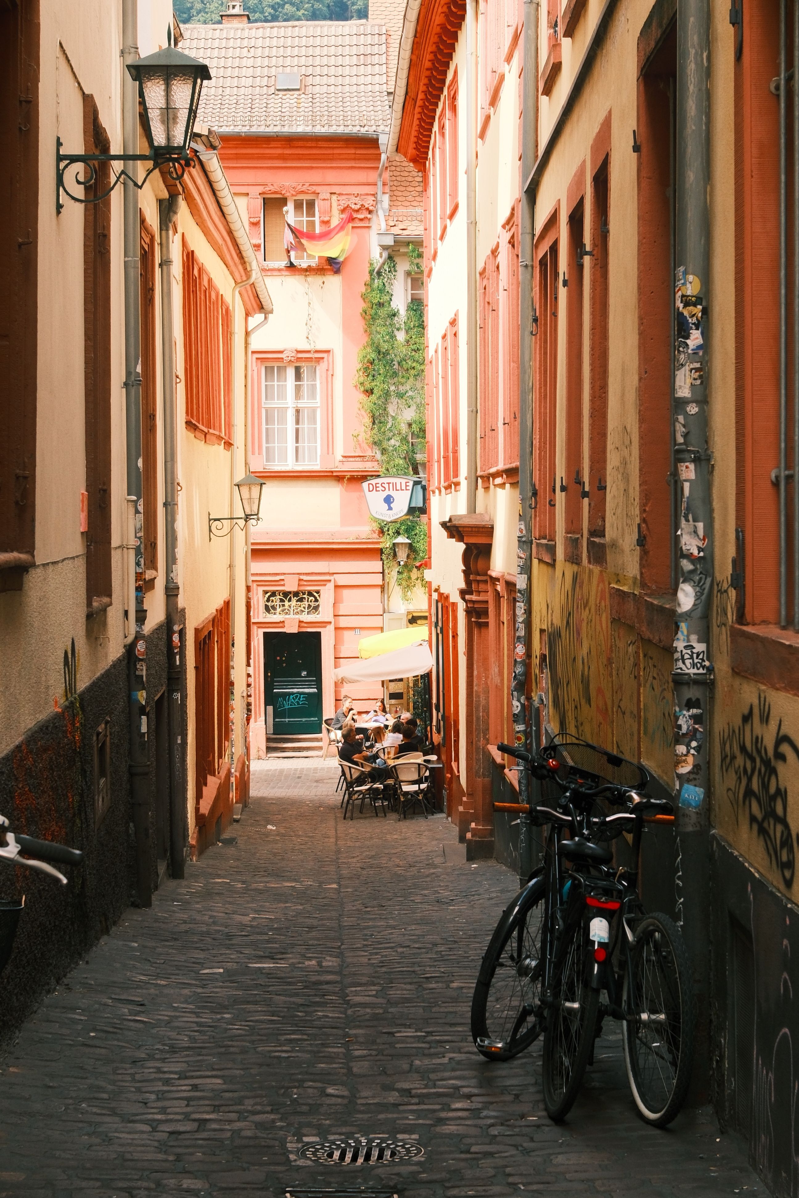 A narrow street in Heidelberg Old Town — Two for the Row'd
