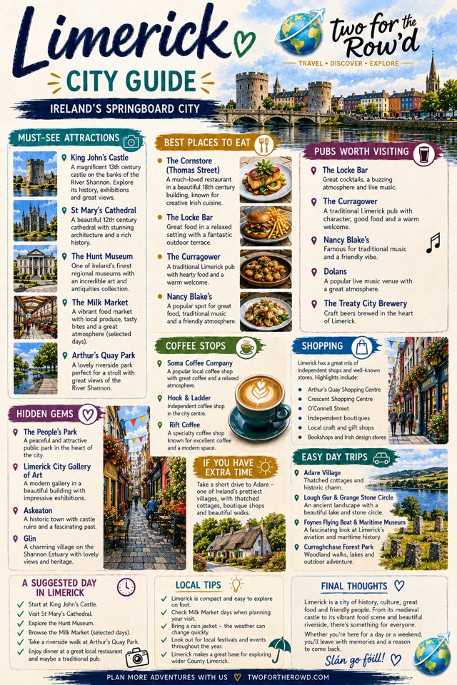 Two for the Row'd Limerick city guide poster: attractions, food, pubs, coffee stops, shopping, hidden gems and day trips