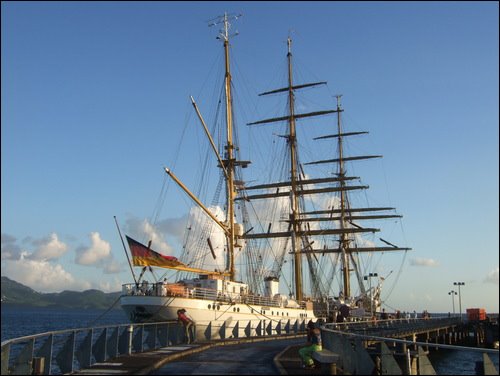 Tall ship in Martinique harbour — Two for the Row'd