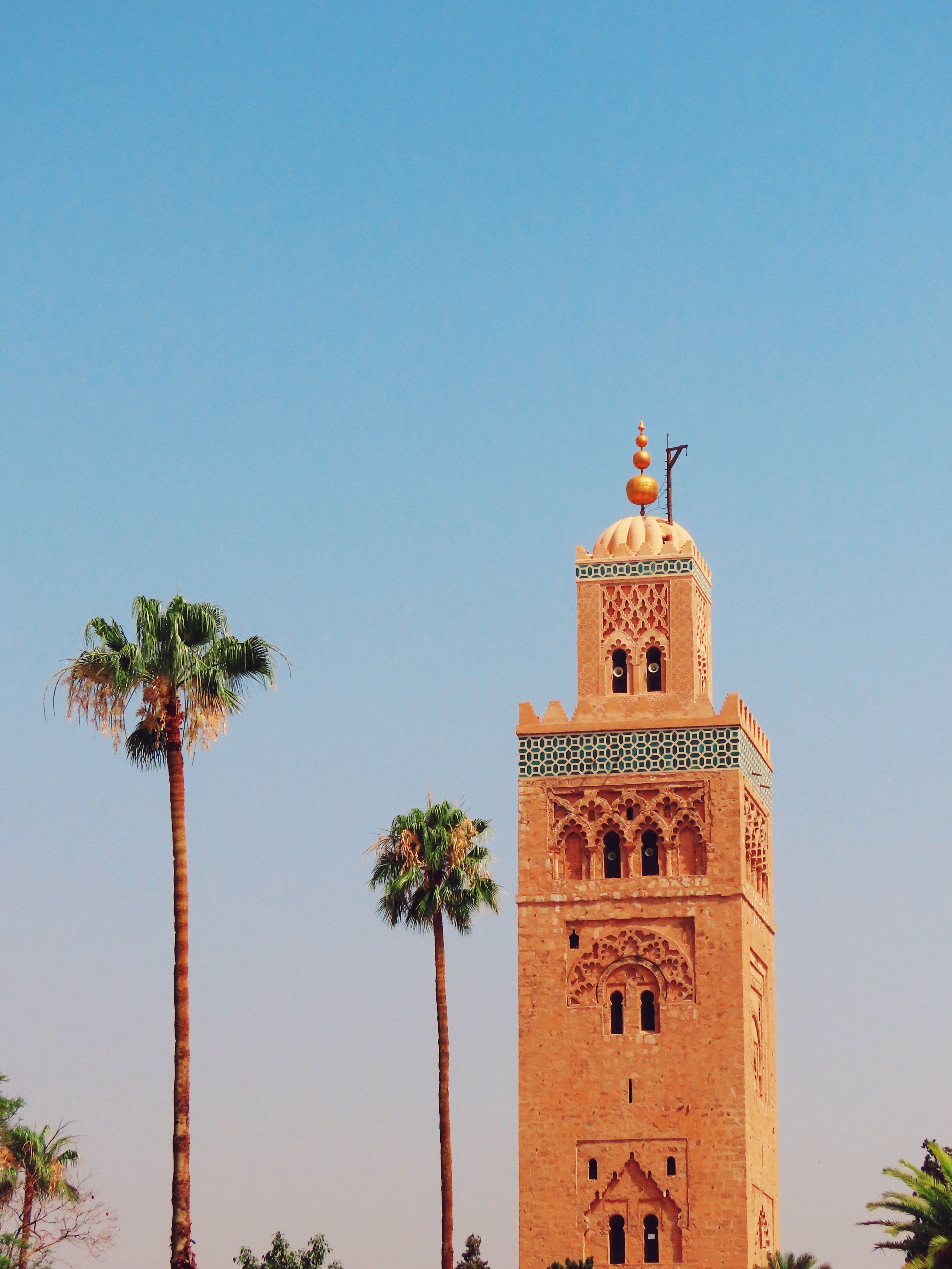 Koutoubia Mosque minaret and palm trees in Marrakech, Morocco