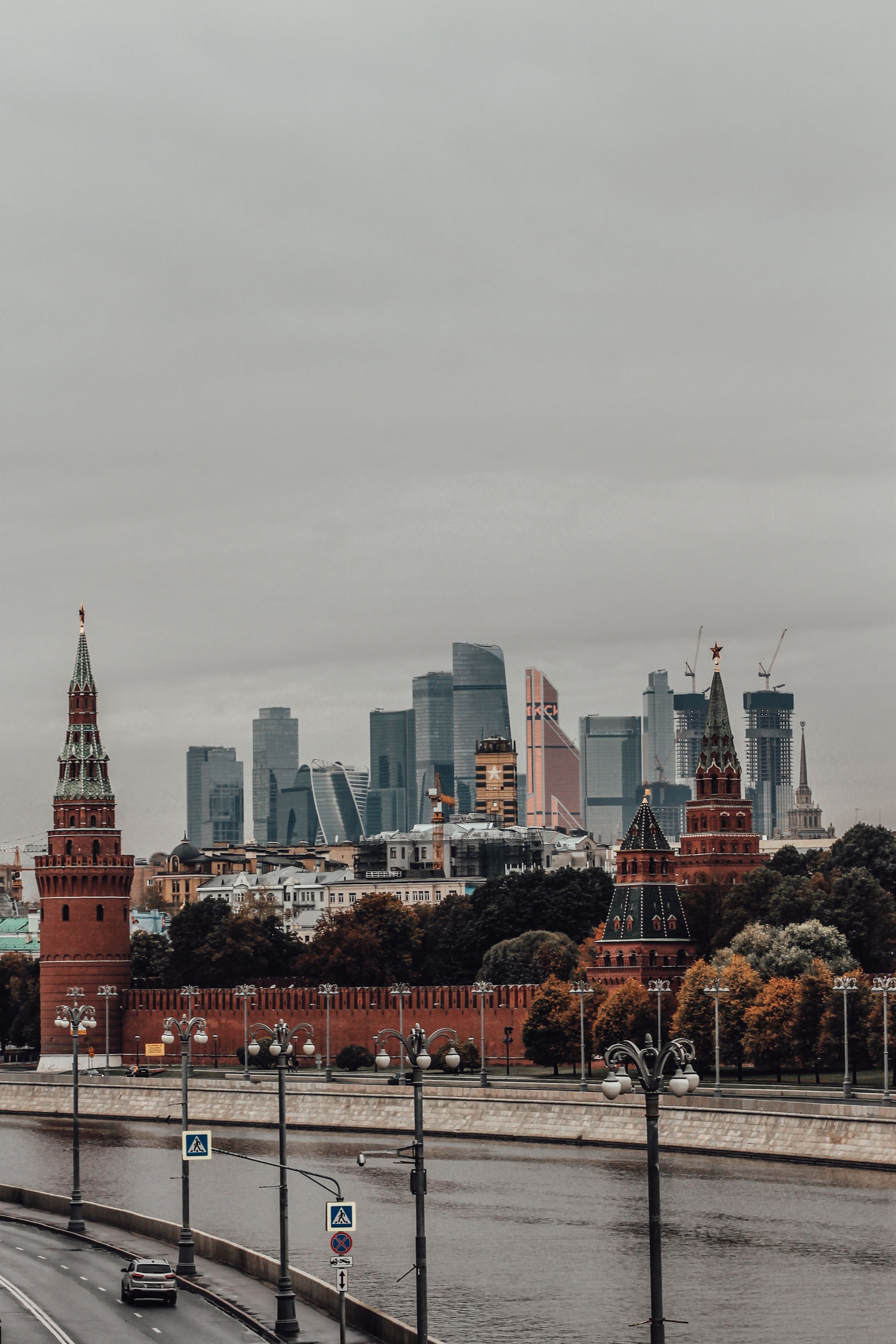 Kremlin towers with the modern Moscow skyline in the distance