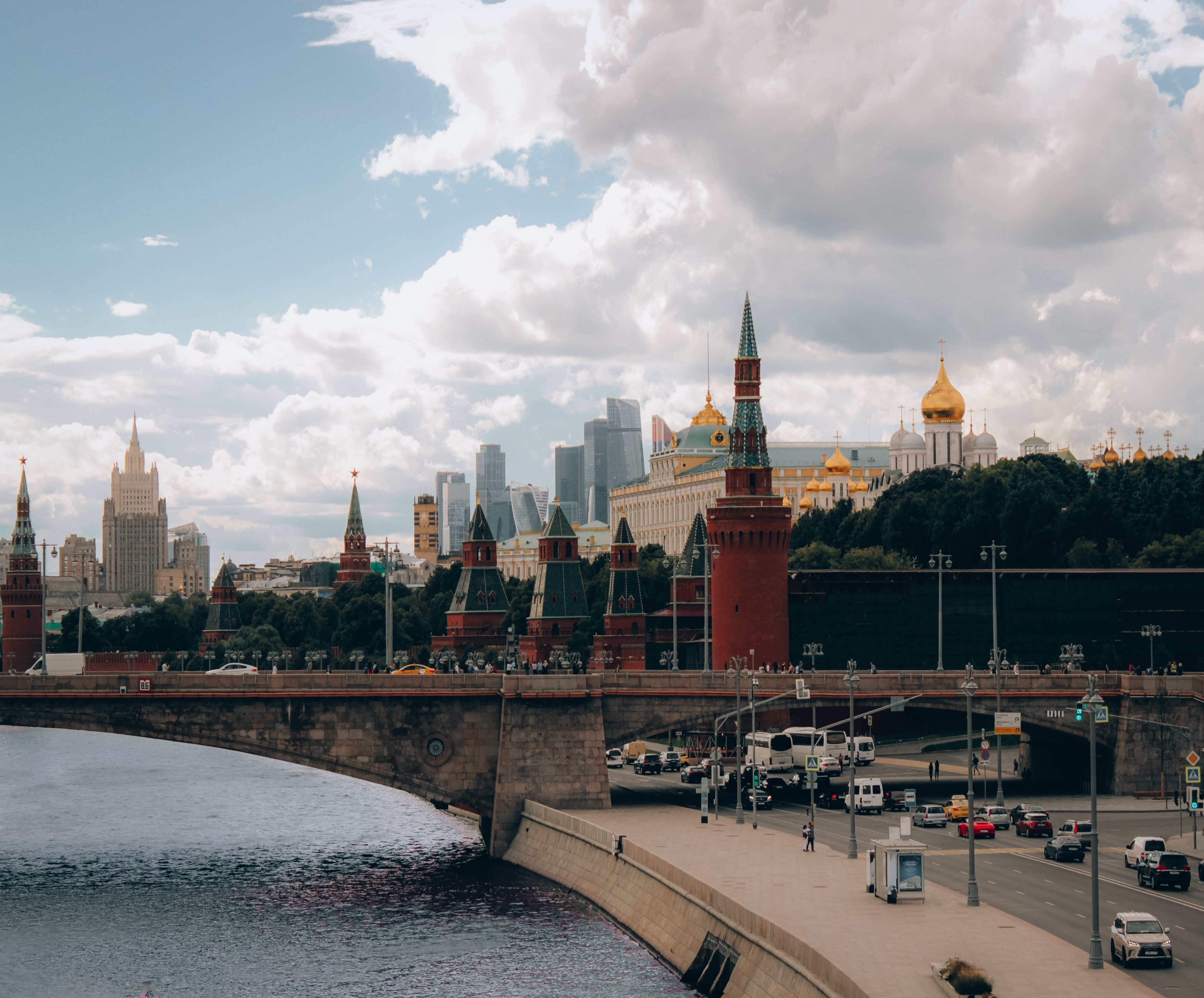 View across the Moskva River towards the Kremlin and Moscow skyline
