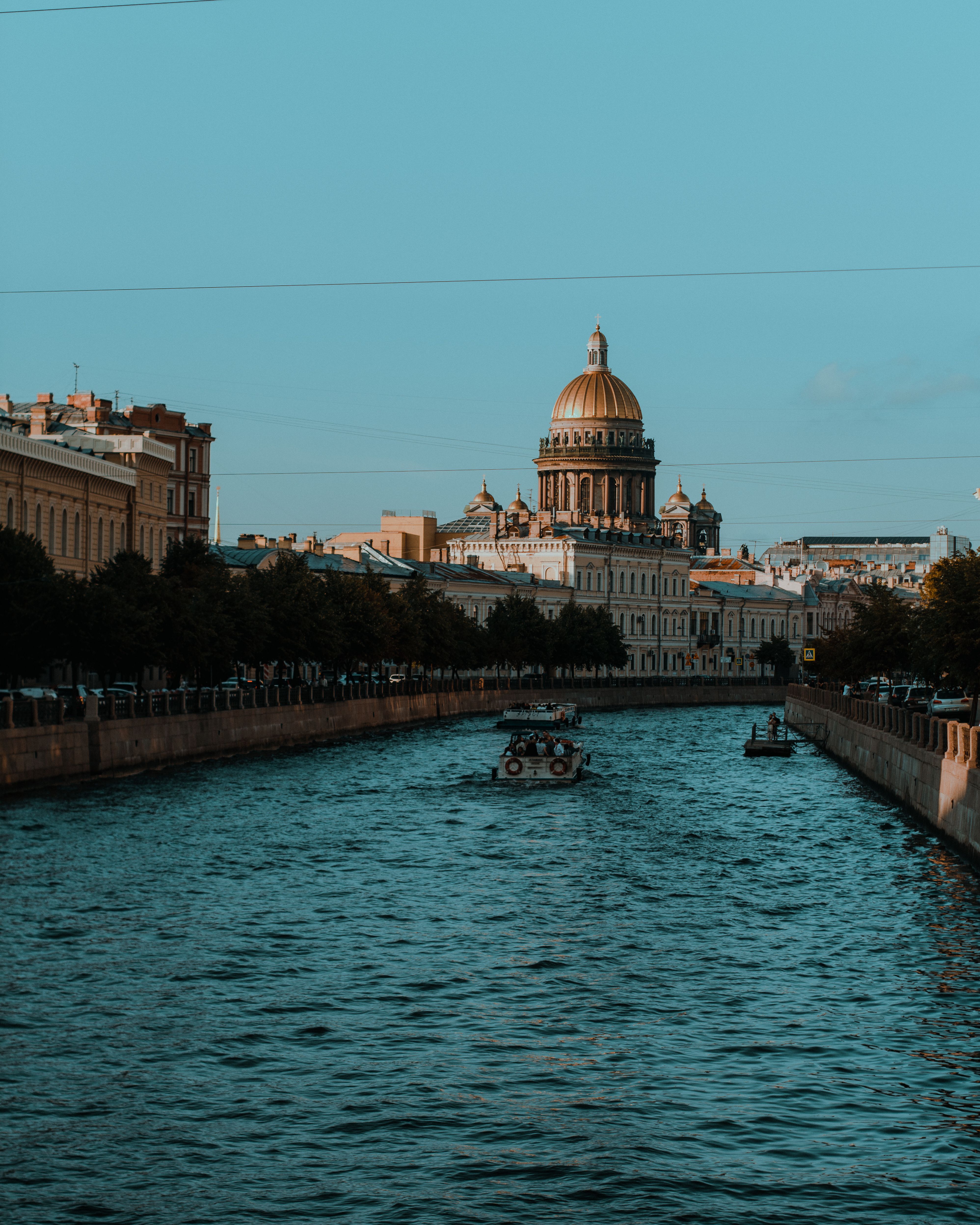A canal in St Petersburg with St Isaac’s Cathedral in the distance