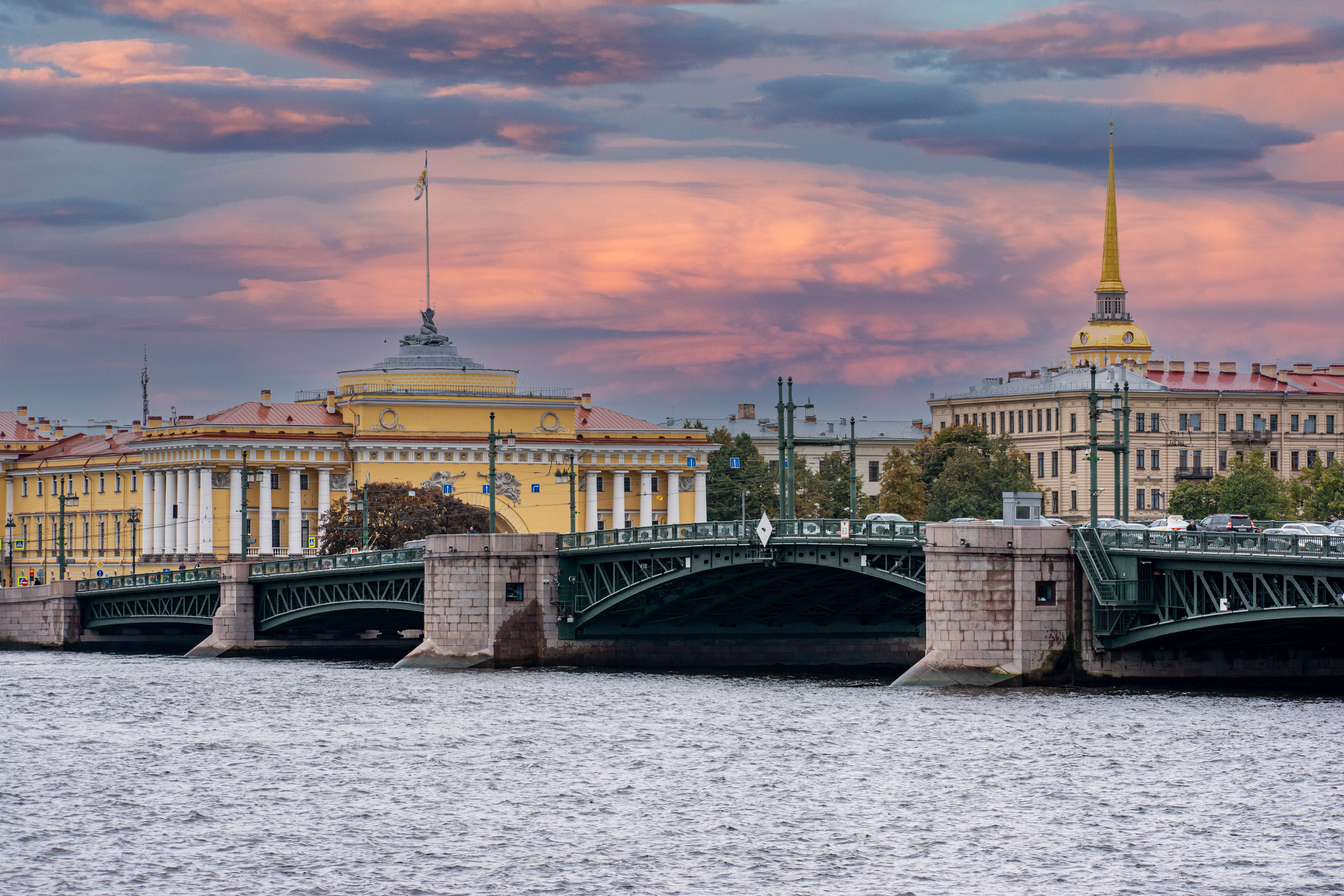 St Petersburg skyline and the Neva River at sunset