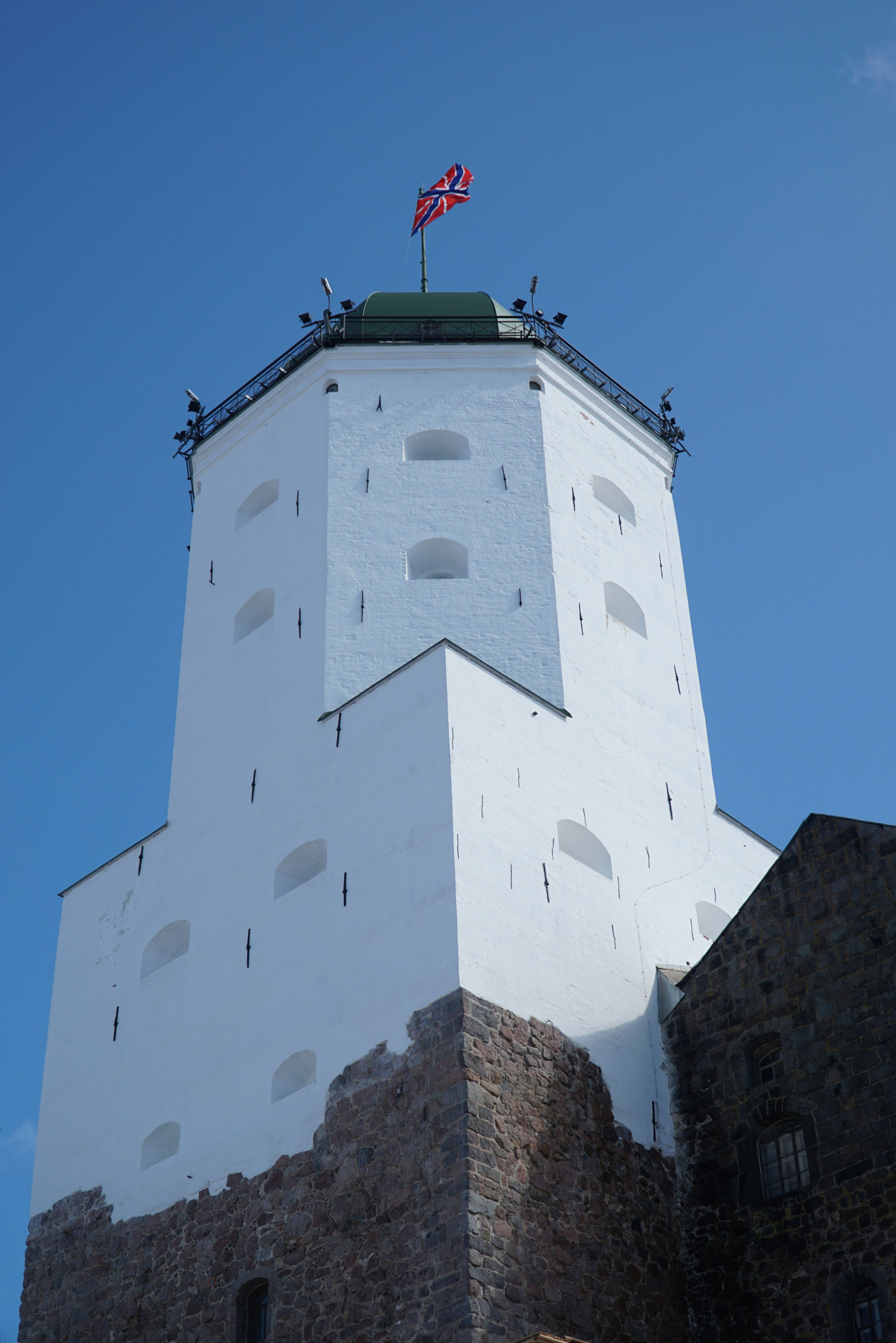 Close view of a historic tower in Vyborg