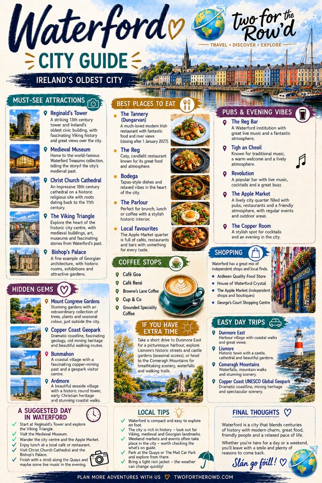 Two for the Row'd Waterford city guide poster: attractions, local food, evenings out, coffee, shopping, hidden gems and day trips