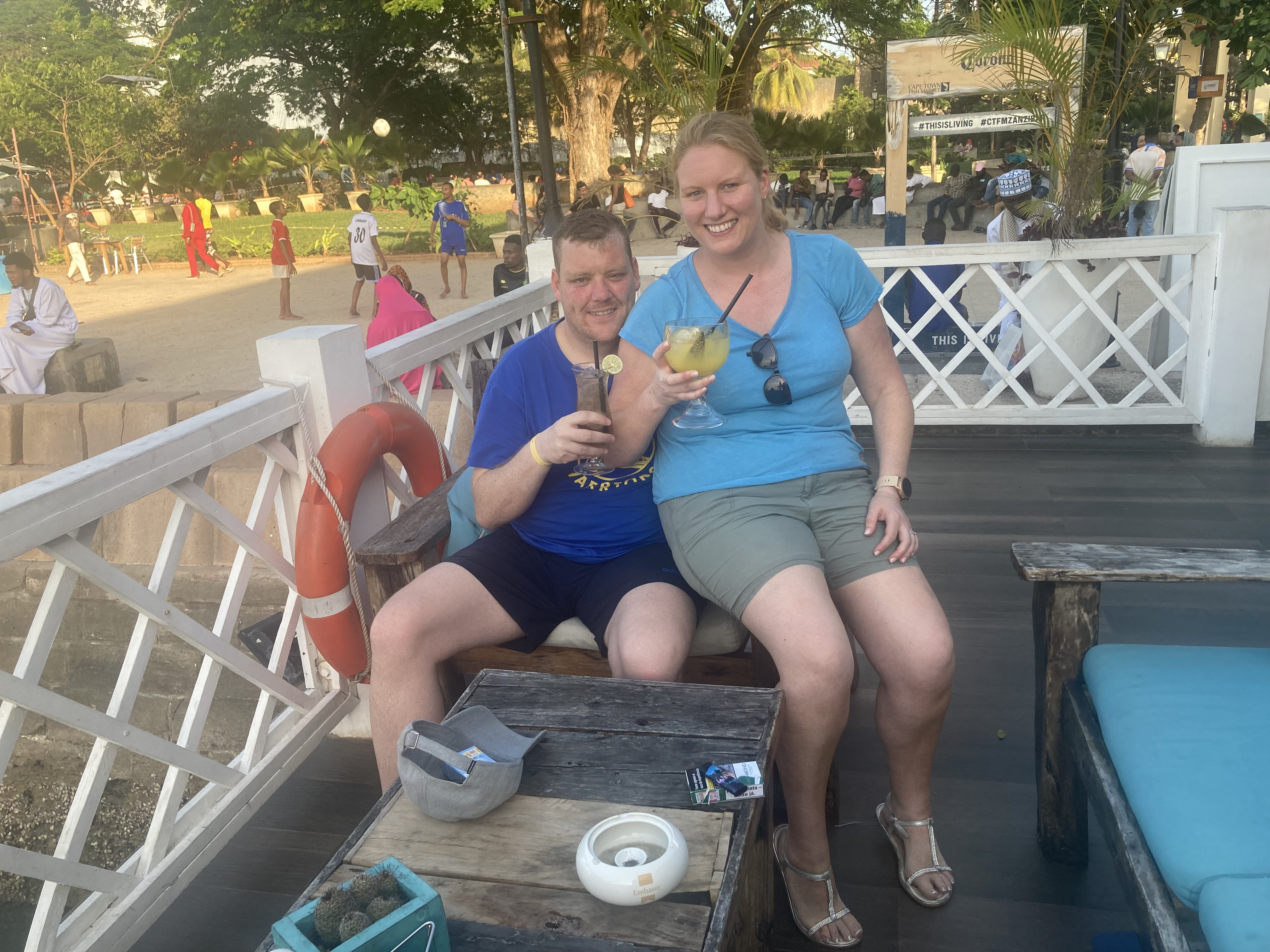Nicola and Padraig enjoying a drink during their Zanzibar honeymoon